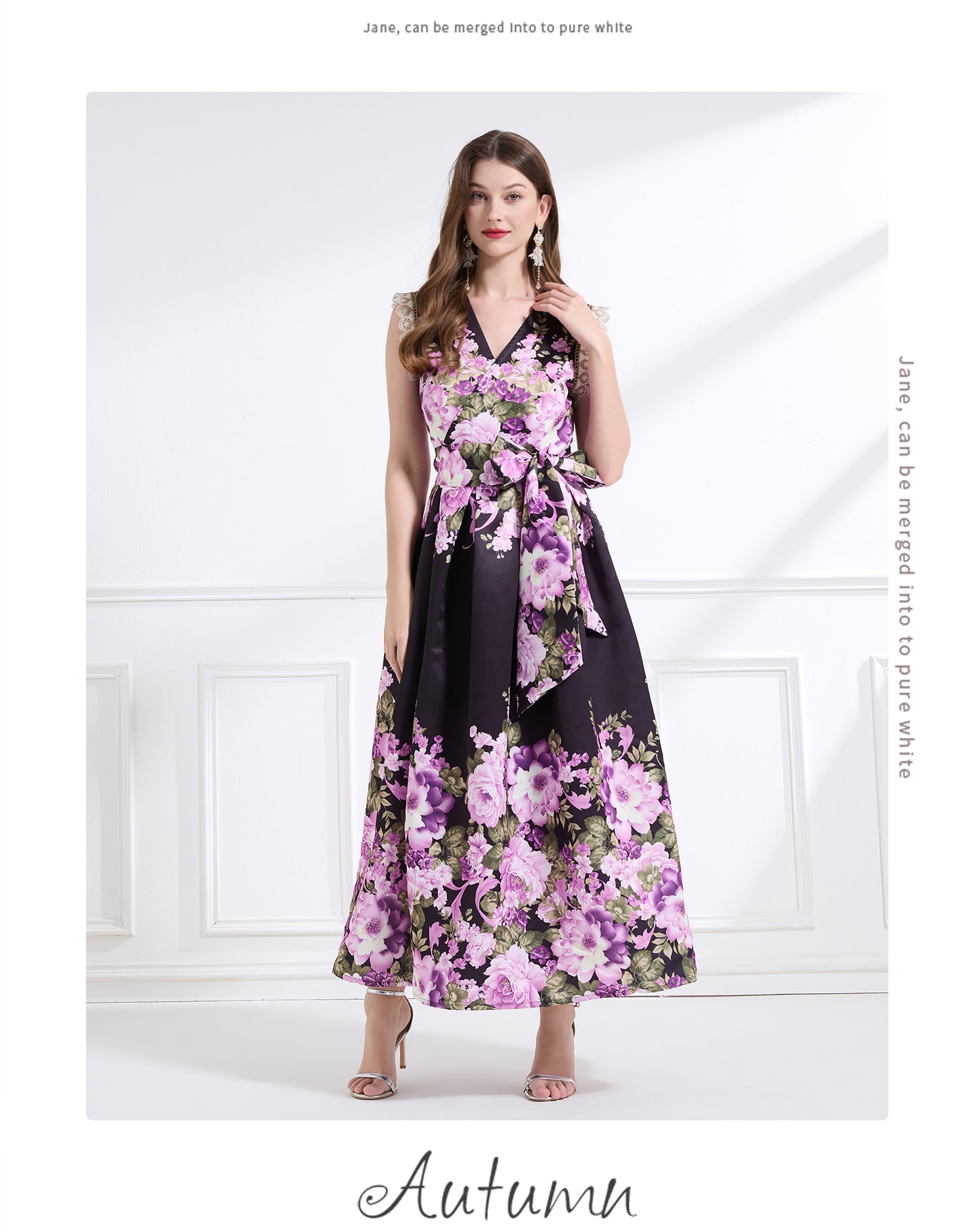 Original design - spring, summer and autumn fake wind, small flying sleeves, flower fairy print, seaside waist ruffle tie long skirt