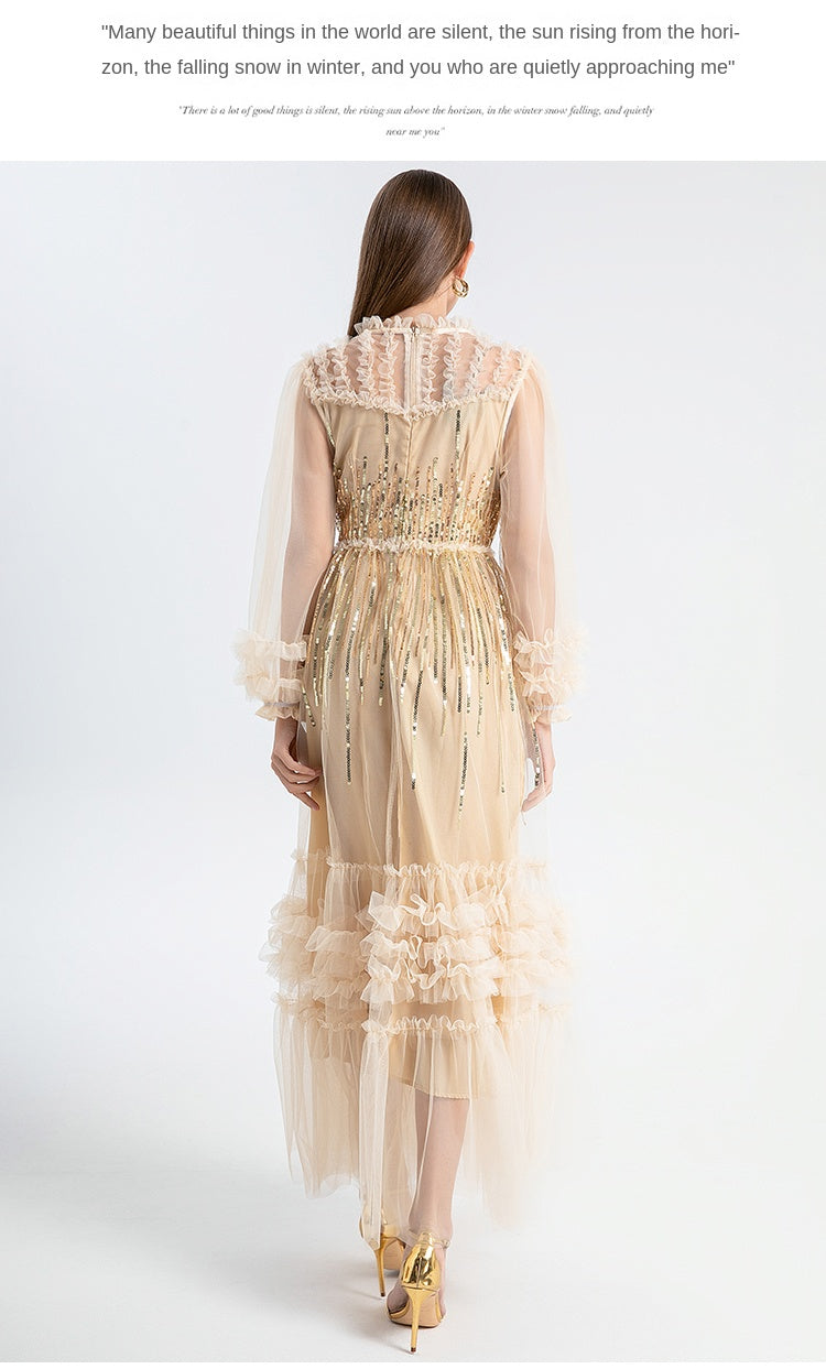 Original Design Heavy Industry Embroidered Glitter Mesh Splicing Black Fungus Edge Temperament Dress