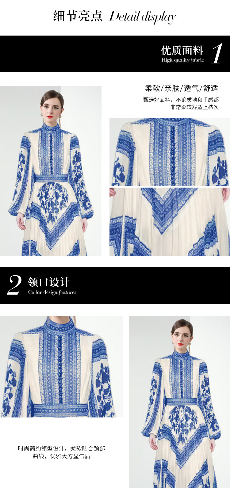 Original design for spring and summer printed evening gown, long pleated dress with large display