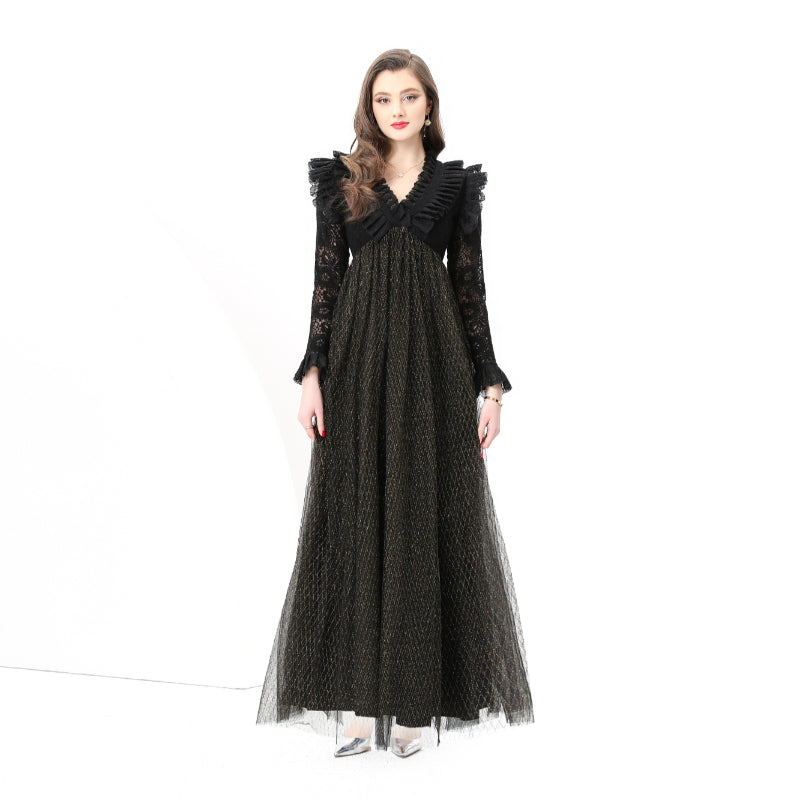 Original design: Spring, Summer, Autumn, resort style, embroidered lace, V-neck, long sleeves, lace and mesh maxi dress