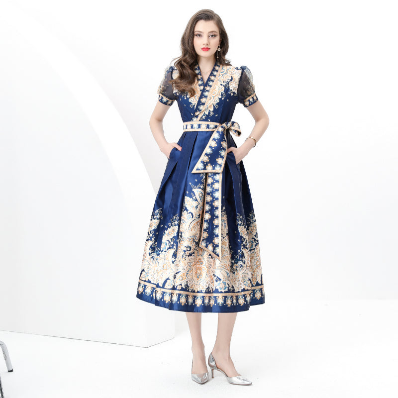 Spring/summer wrap tie style V-neck balloon sleeve long vintage print dress