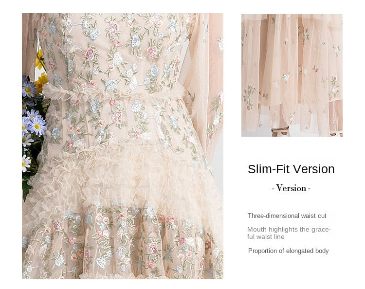 Original design spring, summer, autumn women's clothing pastoral forest temperament heavy industry color embroidered fungus edge swing dress