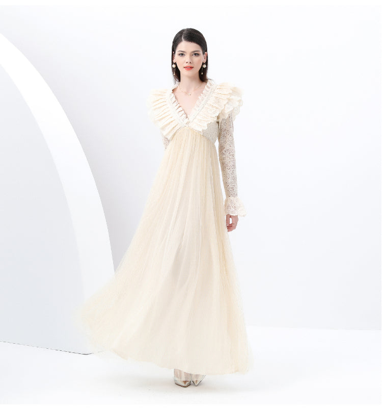 Original design: Spring, Summer, Autumn, resort style, embroidered lace, V-neck, long sleeves, lace and mesh maxi dress