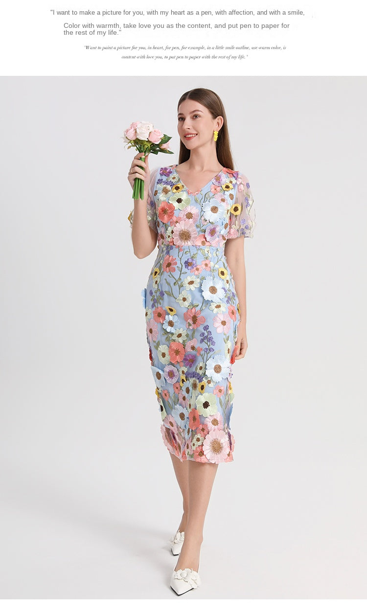 Original Design Heavy Industry Embroidered Boutique Color Handmade Customized Vintage V-neck Split Hip Wrap Dress