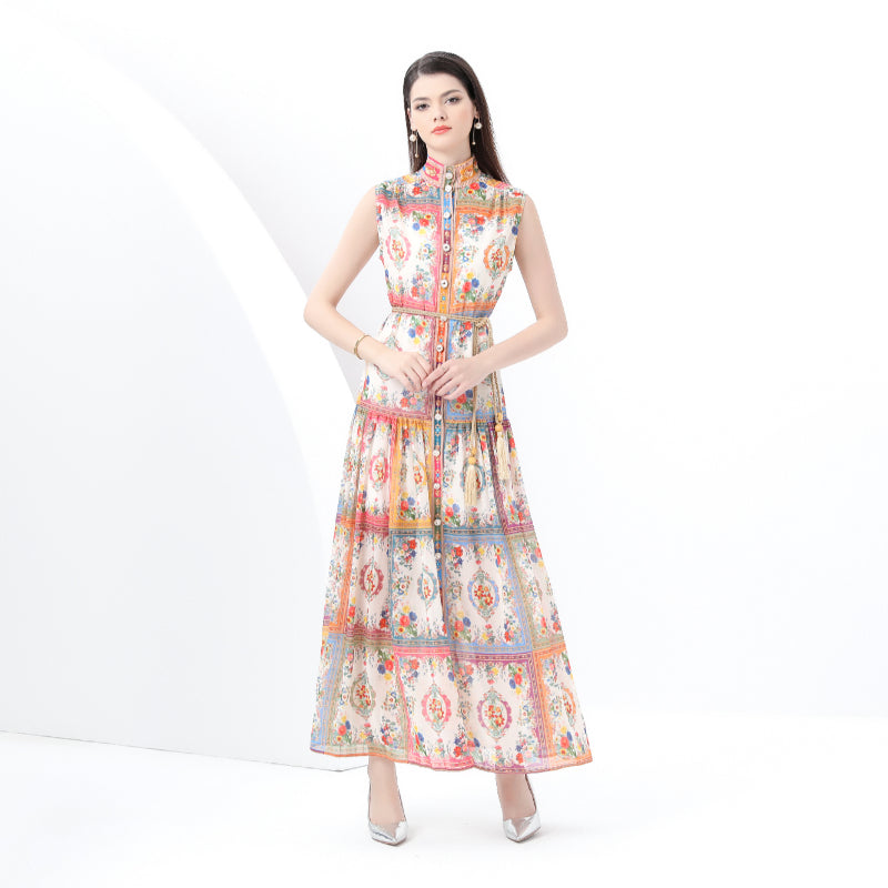 Original design: Spring, Summer, Autumn, vintage style, stand collar, sleeveless, wavy edge, long printed dress 2-piece set