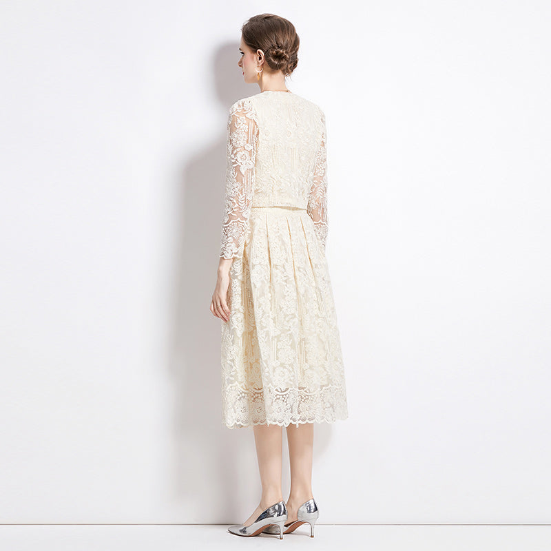 Original design for spring and summer long sleeved small fragrance style set light luxury temperament water-soluble lace skirt two-piece set