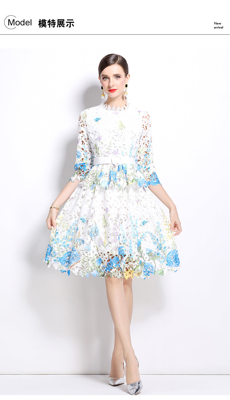 Original design mid long sleeved fashionable slimming hollow out water-soluble lace positioning mid length dress
