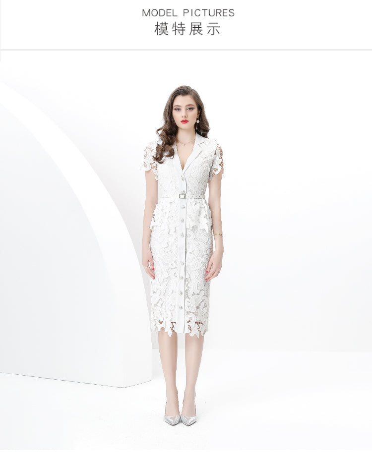 Original design for spring and summer suit collar, short sleeved, single breasted, lace waist wrapped, mid length dress