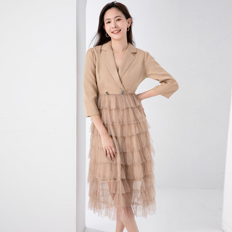 Original design exquisite mesh cake skirt patchwork suit dress temperament fake 2pieces