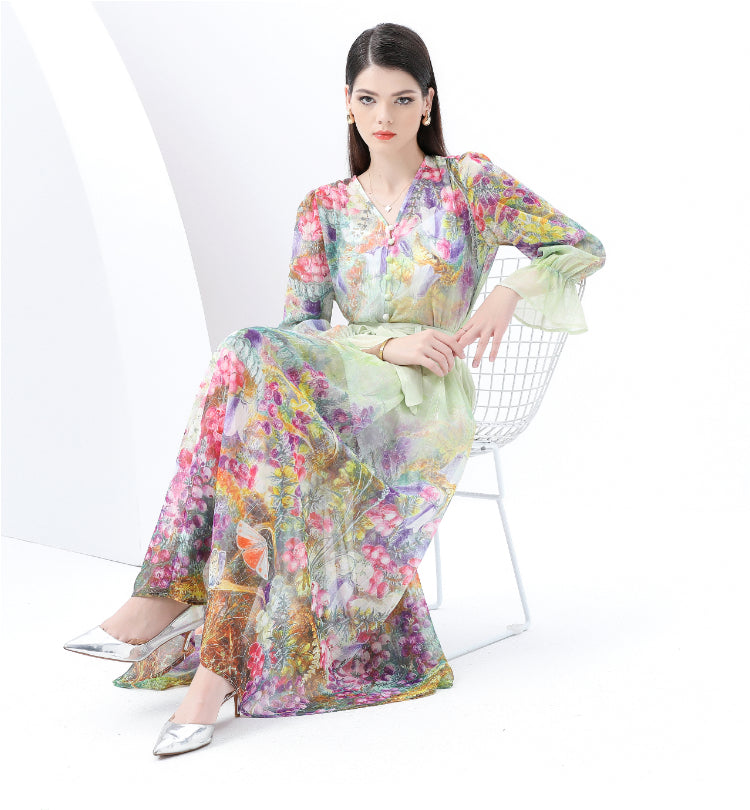 Original design - spring and summer real shot - spot light luxury heavy work chiffon splicing tape embroidery high-waisted thin temperament dress