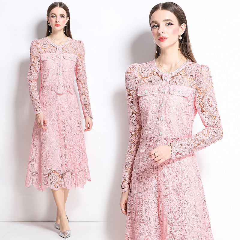 Original design for spring and summer small fragrance style set light luxury and high-end water-soluble lace skirt two-piece set