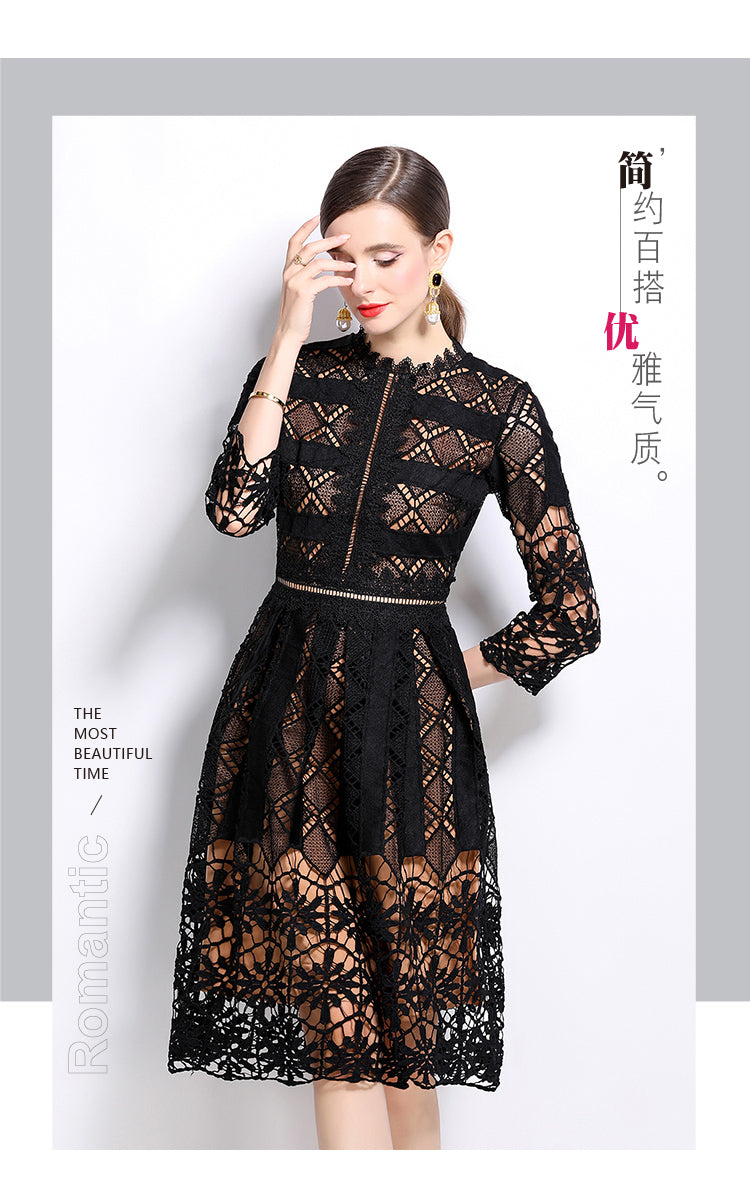 Original design mid long sleeved slimming hollow out water-soluble lace positioning printed mid length dress for spring, summer, autumn vacation