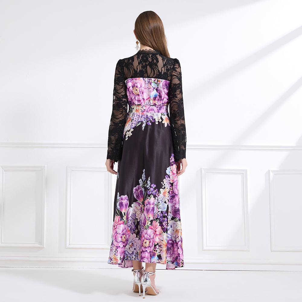 Original design - resort-inspired lace patchwork print cinched waist maxi dress with ruffles