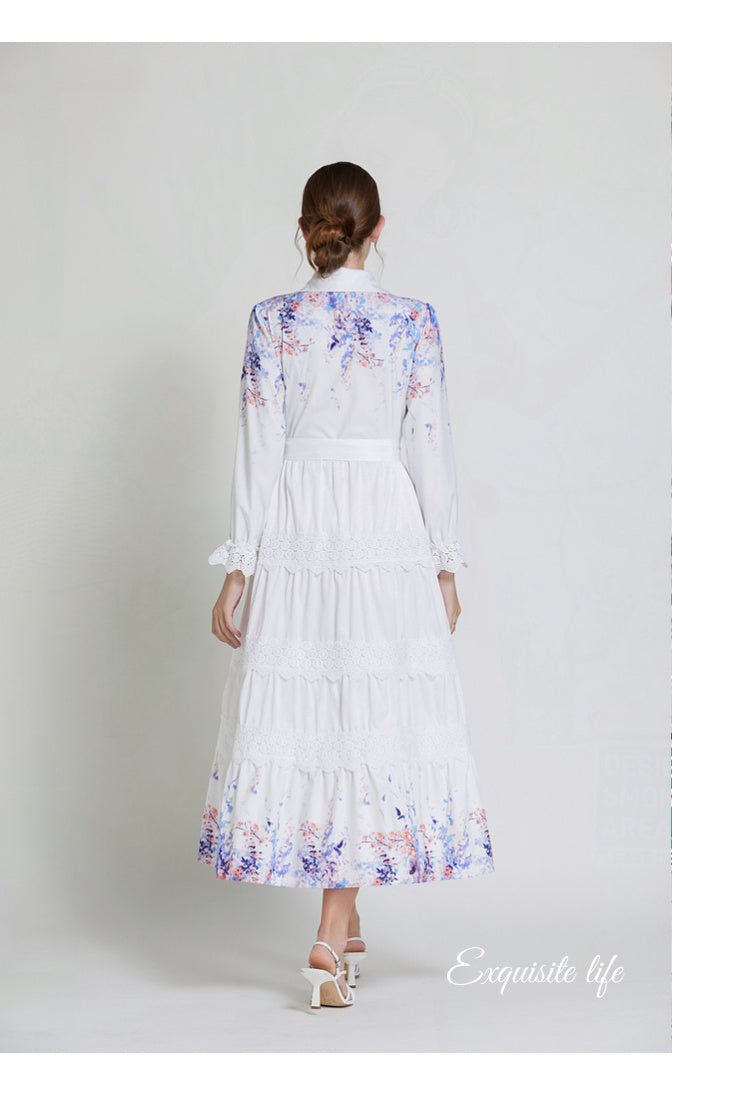 Original design fashionable bohemian lapel lace border lantern sleeves cinched waist long printed dress