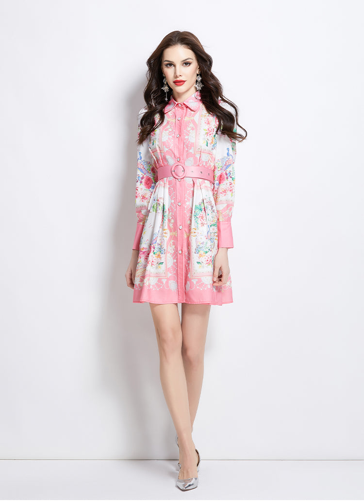 Original Design Spring/Summer/Autumn Vacation Retro Oil Painting Printed Collar Short Dress
