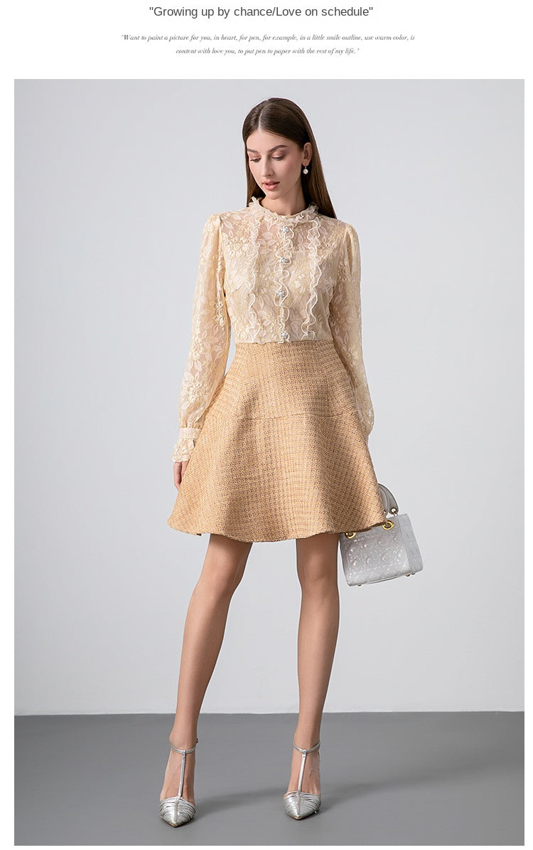 Original design - spring and summer real shot art boutique lace stitching tweed temperament fake 2 pieces of small fragrance beaded dress
