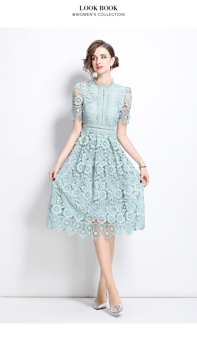 Original design short sleeved slimming hollow out water-soluble lace positioning mid length dress