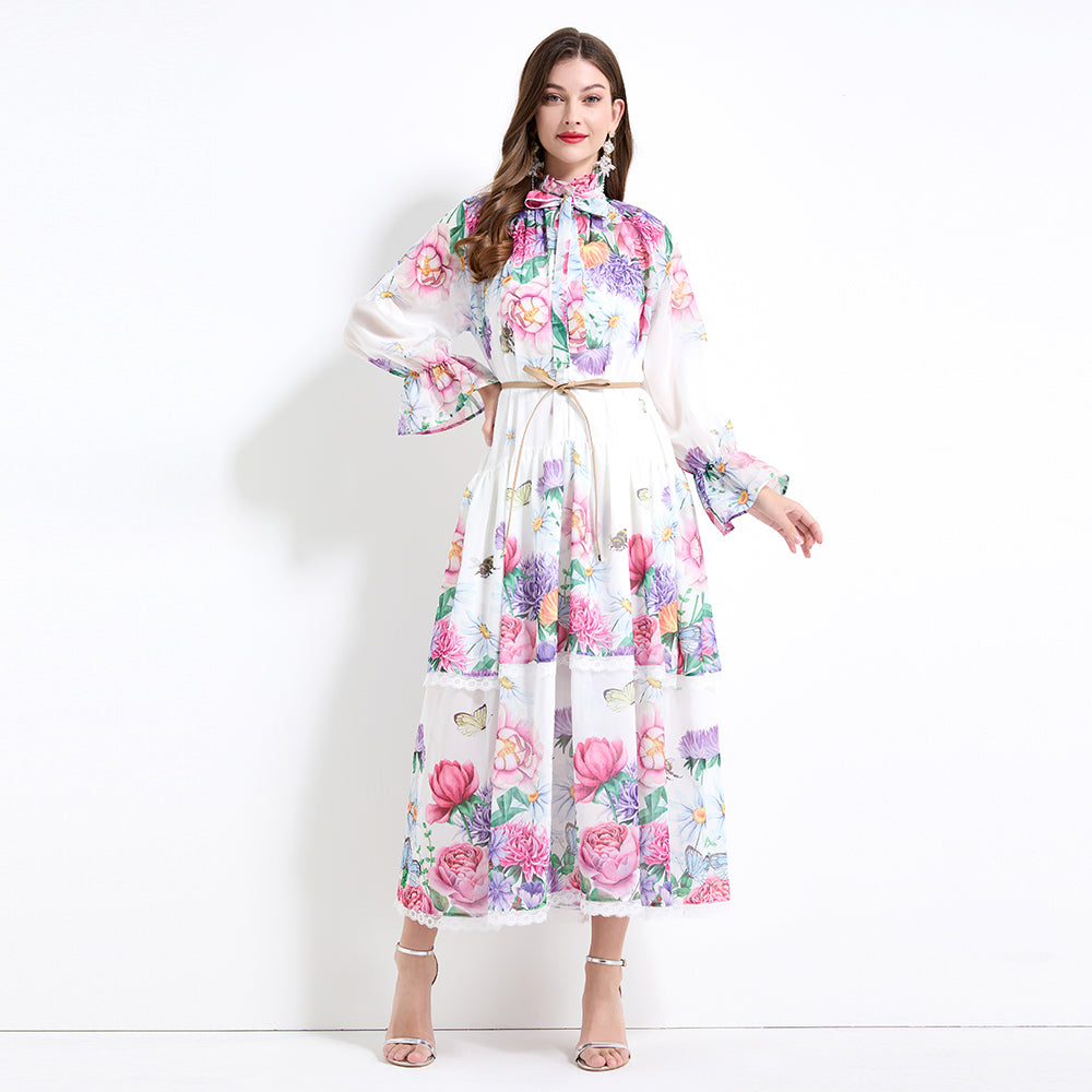 Original design - spring and summer fake lace cake skirt floral print waist ruffle skirt
