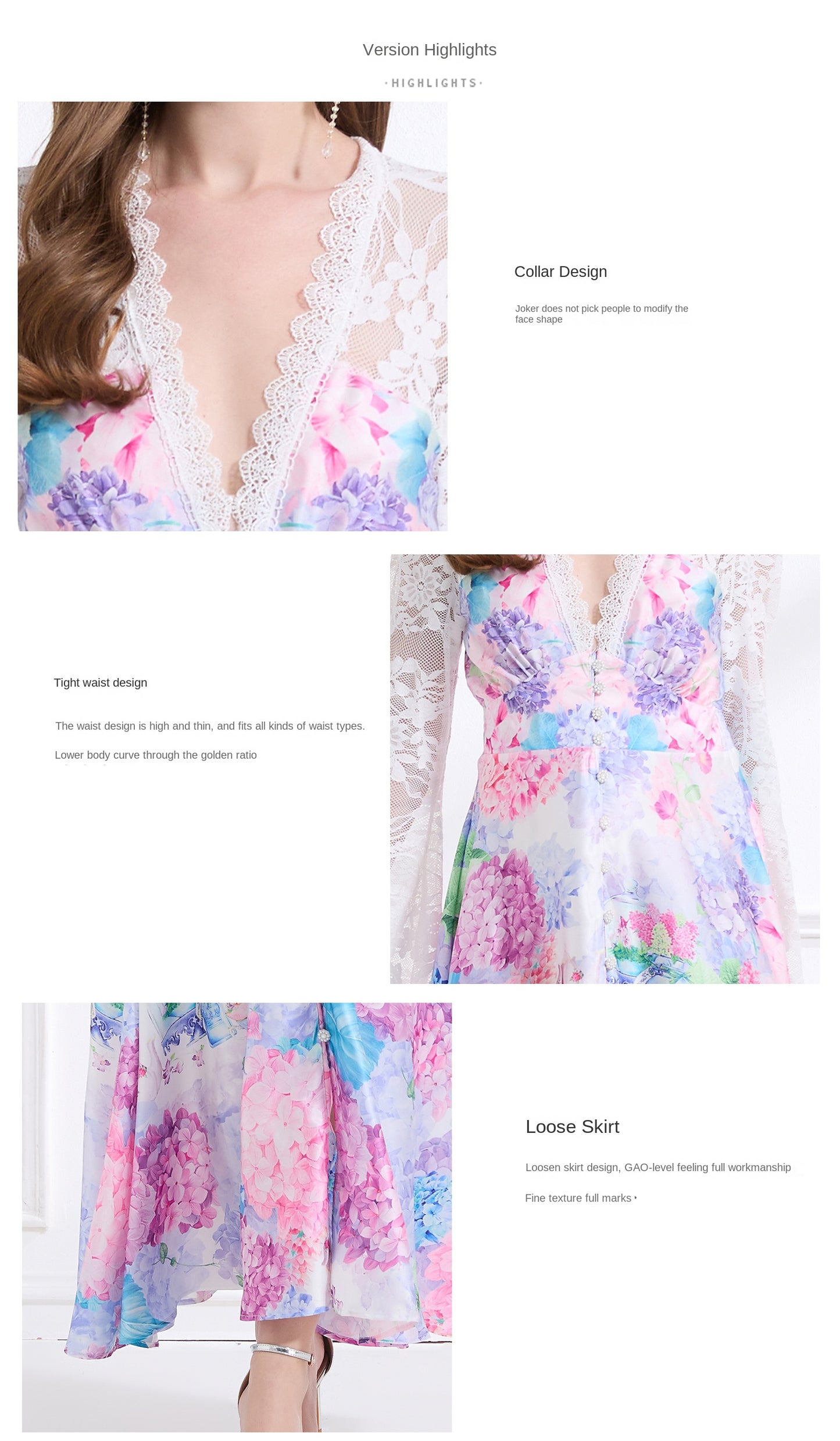 Original design - spring and summer resort style lace patchwork print waist maxi skirt ruffle dress