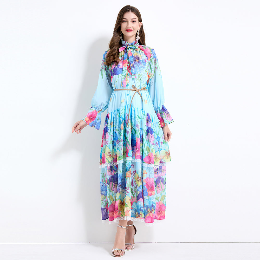 Original design - spring and summer fake lace cake skirt floral print waist ruffle skirt