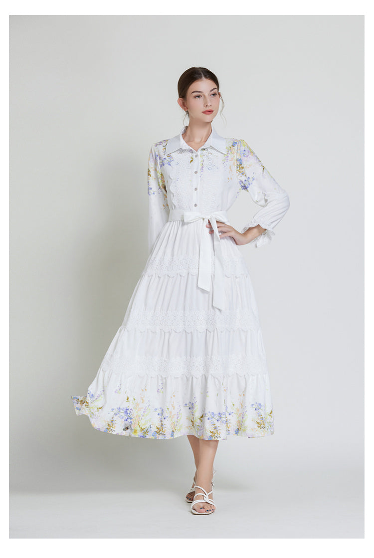 Original design fashionable bohemian lapel lace border lantern sleeves cinched waist long printed dress