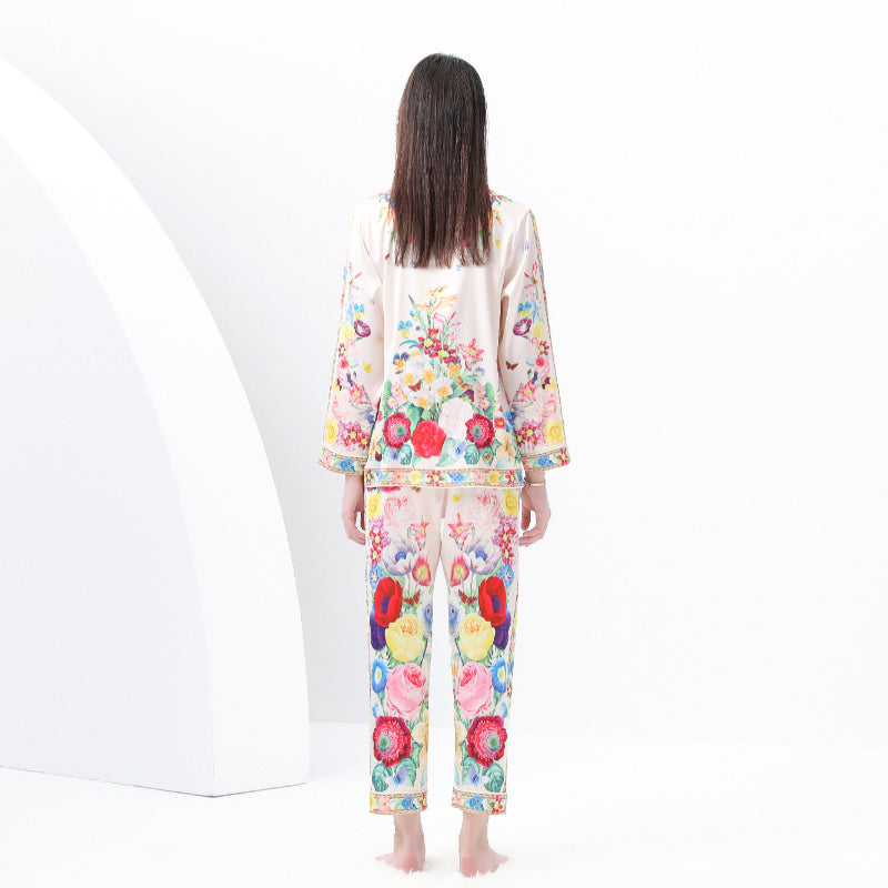 original design Spring/Summer casual trim pyjama suit set with a suit collar and long sleeves and trousers print two-piece set