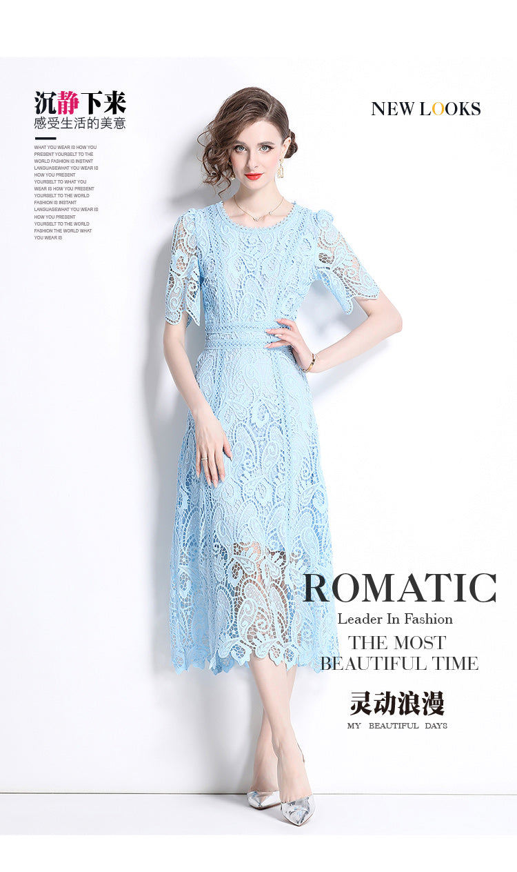 Original design temperament short sleeved skirt slim fit waist cinching heavy industry water-soluble lace dress for women