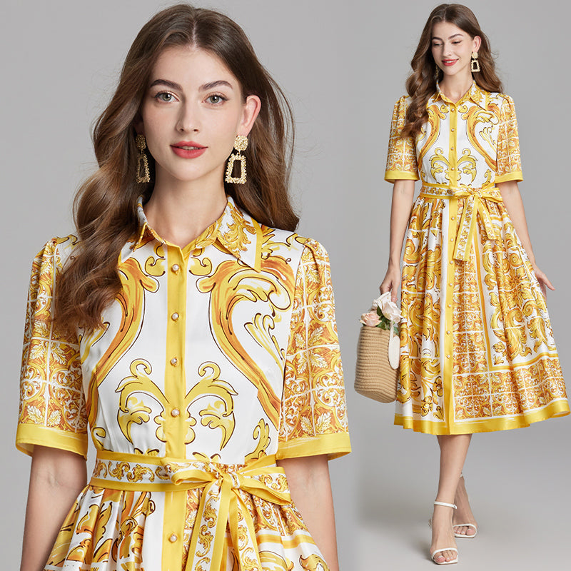 Original Design Spring/Summer Positioning Printed Collar Strap Waist Shirt Dress Large Swing A-line Skirt