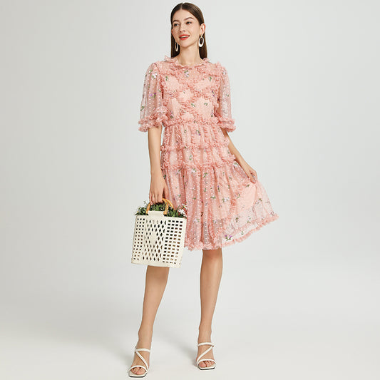 Artwork French romantic boutique custom gauze small floral embroidery short vintage cake dress