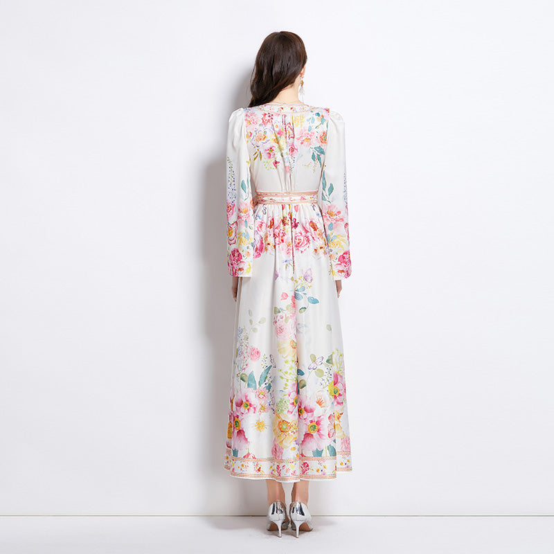 Original Design Spring/Summer New Oil Painting Flower Pattern Wrapped Mid length Dress