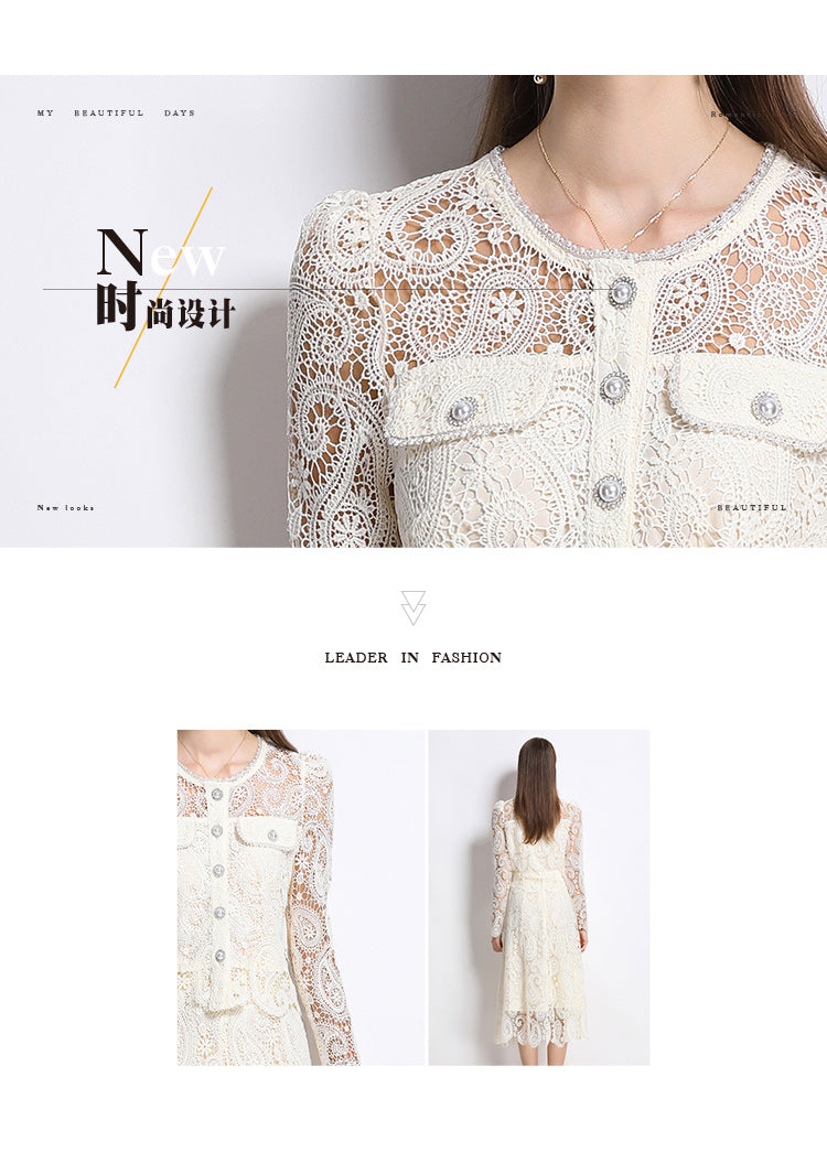 Real shot spot8583# New Style Chanel-Inspired Set Light Luxury High-End Water-Soluble Lace Skirt Two-Piece Set