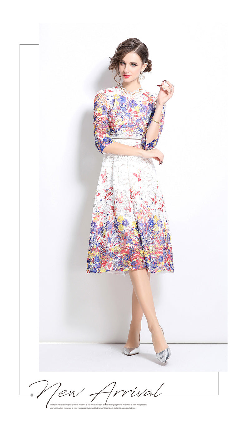 Original design mid long sleeved fashionable slimming hollow out water-soluble lace positioning mid length dress