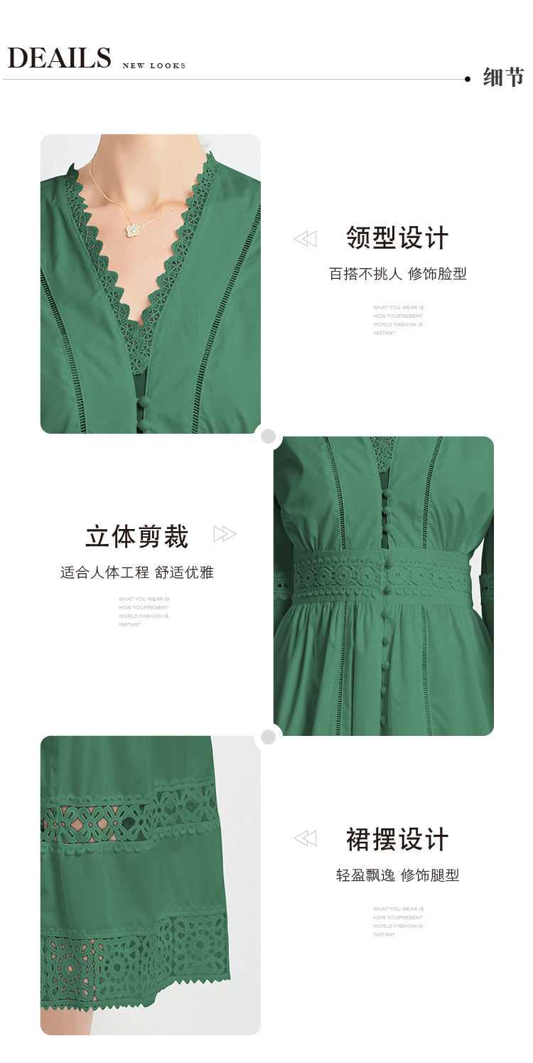 Original design fashionable temperament V-neck patchwork lace hollow out design sense long sleeved waist cinching dress