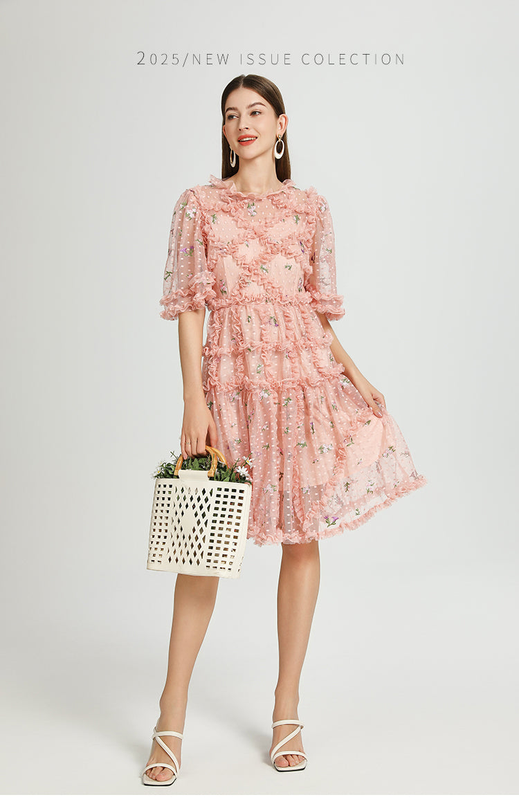 Original Design Heavy Industry French Romantic Boutique Customized Mesh Small Floral Embroidery Short Retro Cake Skirt