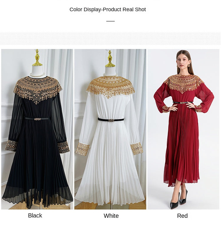 Original design premium pleated belt with gold beaded sequins draped over a chiffon pleated jumpsuit