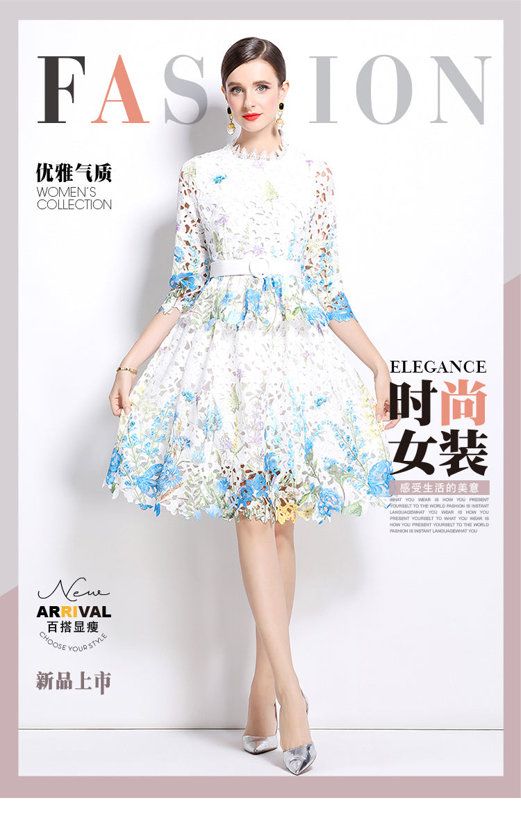 Original design mid long sleeved fashionable slimming hollow out water-soluble lace positioning mid length dress