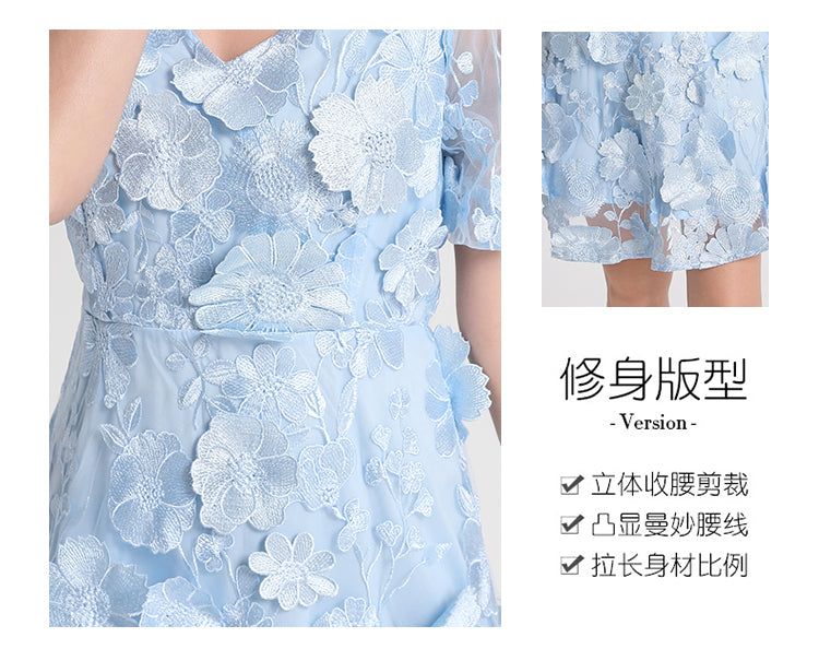 Artwork boutique handmade three-dimensional embroidered French solid color hem VL neck puff sleeve dress