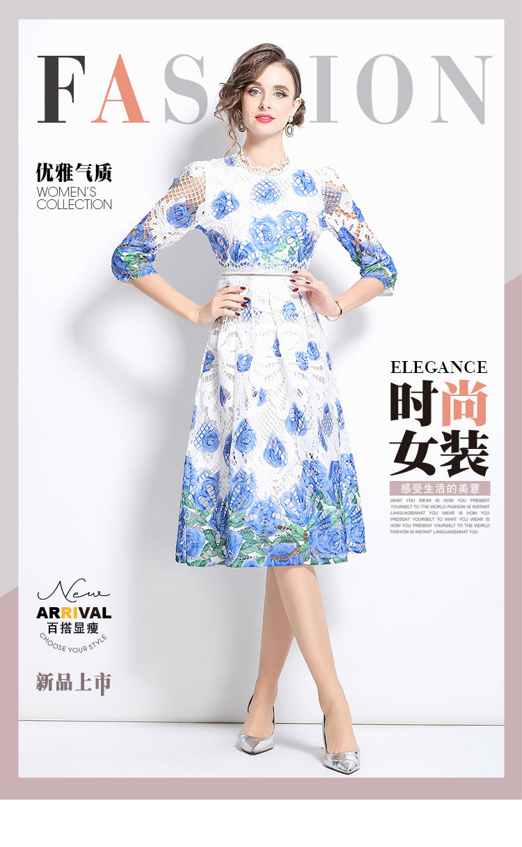 Original design mid long sleeved fashionable slimming hollow out water-soluble lace positioning mid length dress