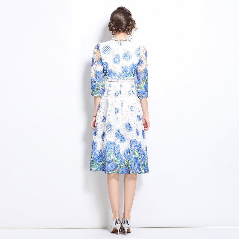 Original design mid long sleeved fashionable slimming hollow out water-soluble lace positioning mid length dress