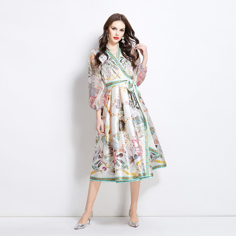 Original design for spring and summer V-neck ethnic style printed satin wrapped long length dress
