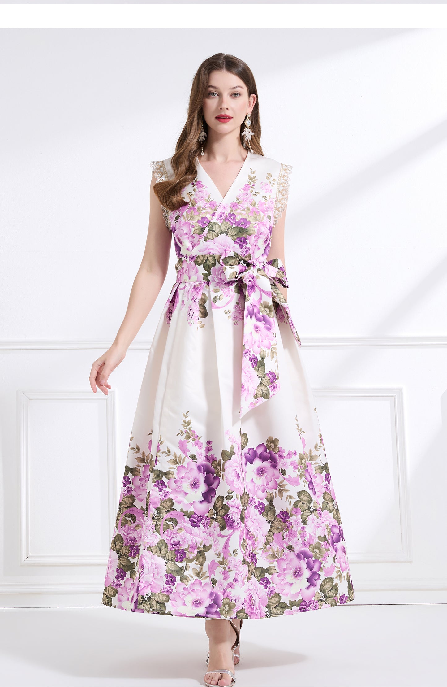 Original design - spring, summer and autumn fake wind, small flying sleeves, flower fairy print, seaside waist ruffle tie long skirt