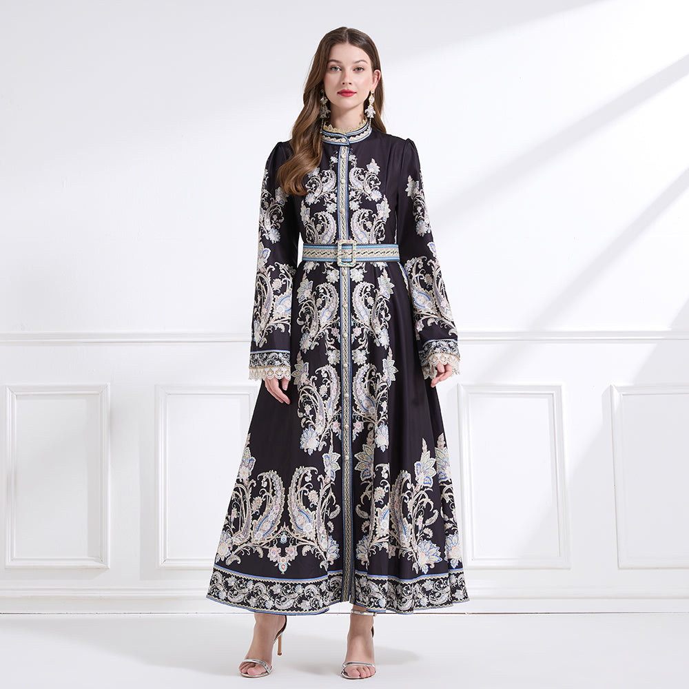 Original design - a court-style retro stand-up collar lace print tunic with a large hem waist
