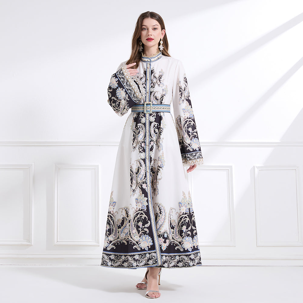 Original design - court-style vintage stand-up collar lace print tunic with large hem waist
