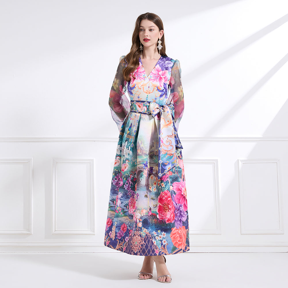 Original design - spring/summer resort-style lace-up wrap skirt, balloon sleeves, cross collar print, wide hem ruffle skirt