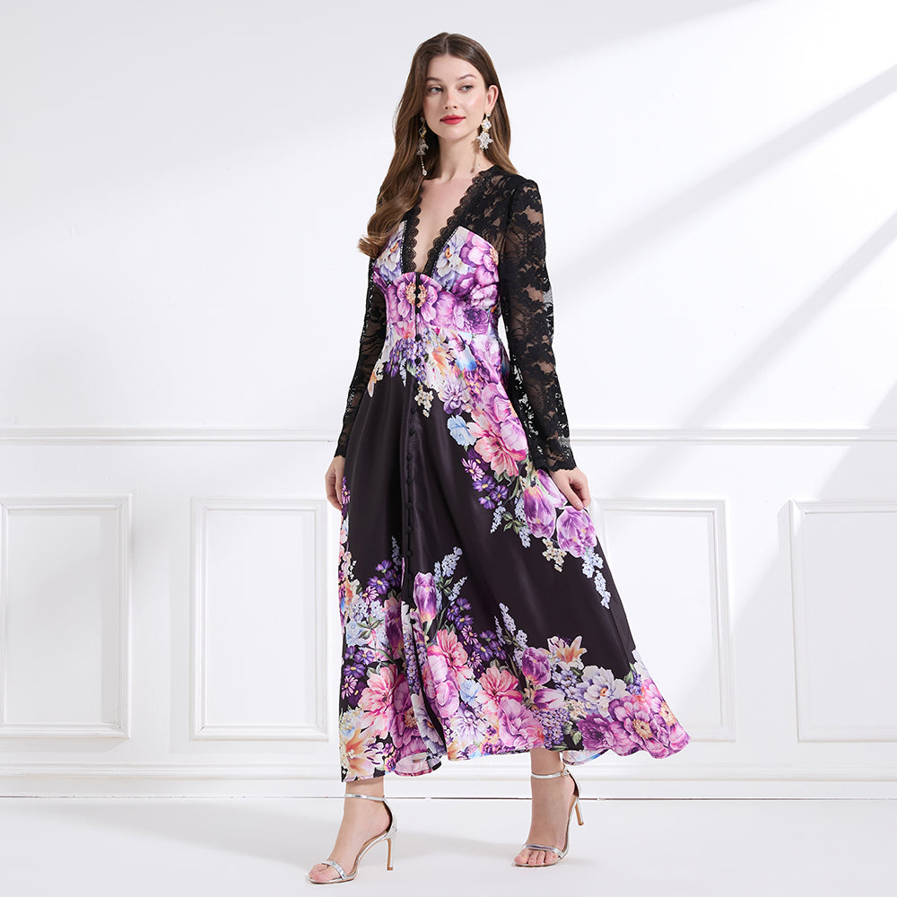 Original design - resort-inspired lace patchwork print cinched waist maxi dress with ruffles