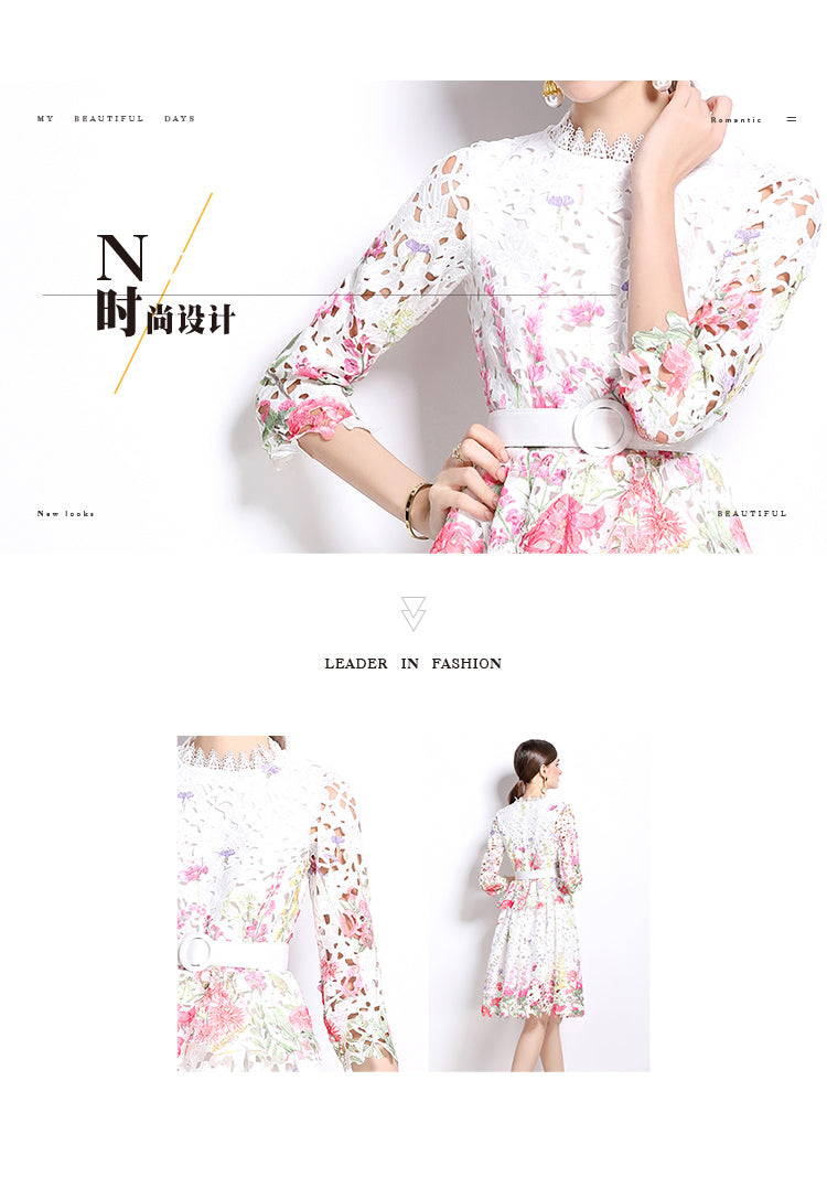 Original design mid long sleeved fashionable slimming hollow out water-soluble lace positioning mid length dress