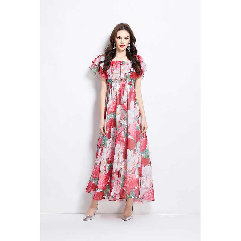 Original design for spring and summer ruffle edge one piece collar, waist cinched, big swing beach skirt, split chiffon dress