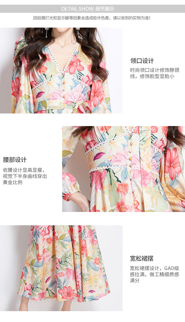 Original Design Spring/Summer Watercolor Flower Long Sleeve Retro Long Dress