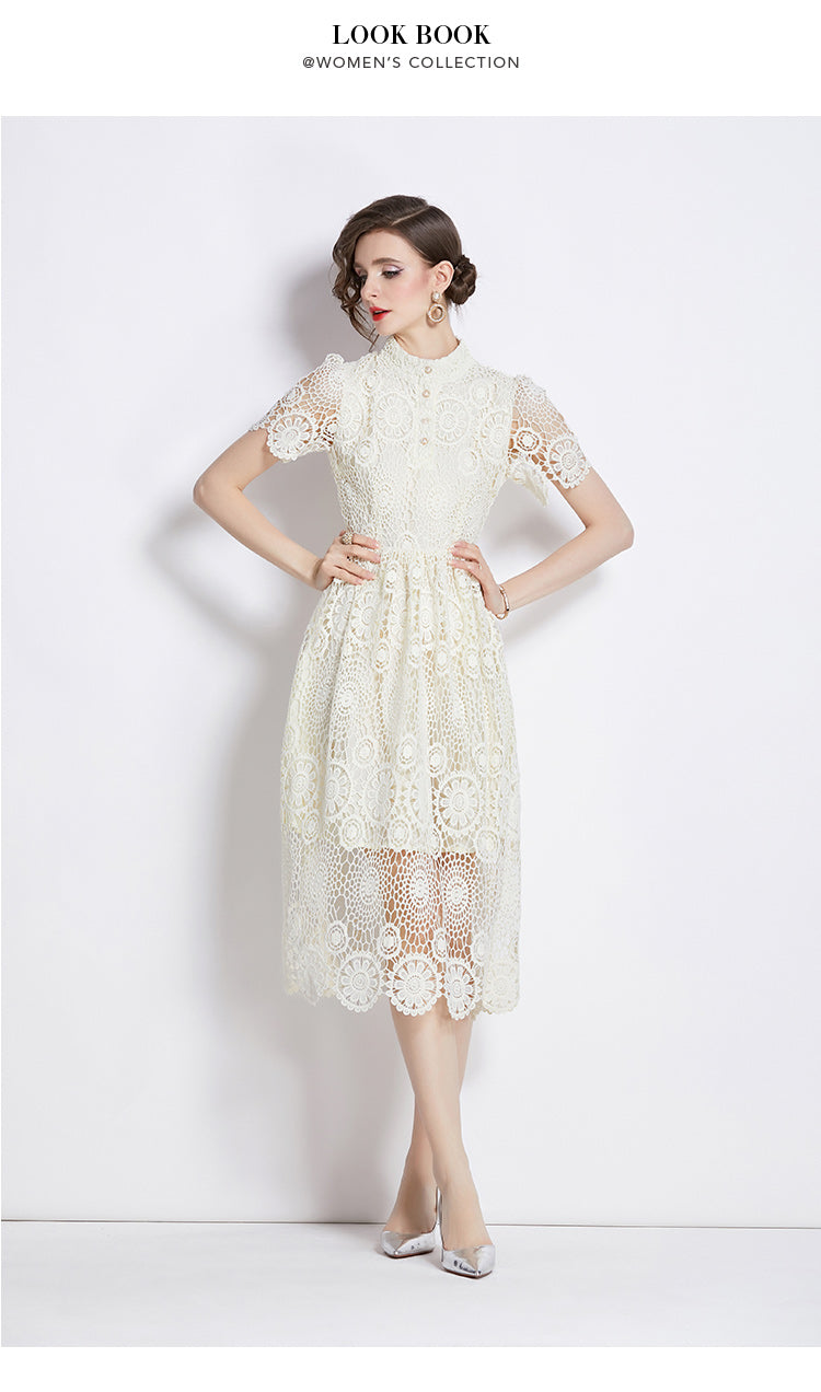Original design niche dress new style temperament, waist cinching and slimming, hollow out water-soluble lace long skirt