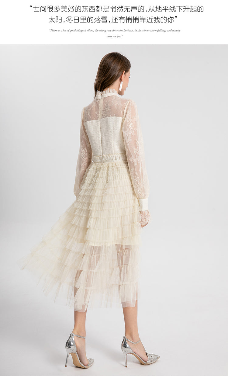 Women's clothing heavy art, coarse tweed splicing mesh cake skirt